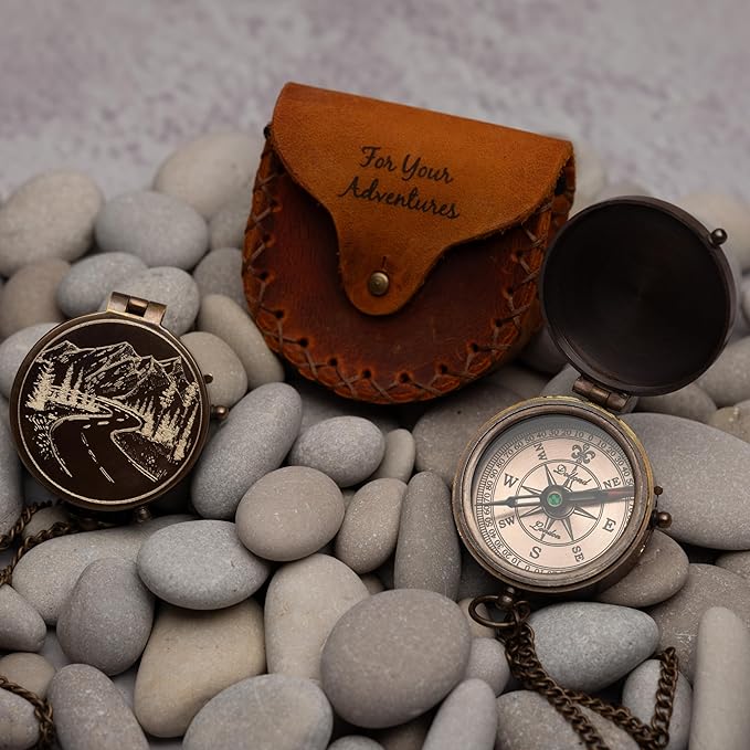 Antique Brass Compass with Leather Case - Mountains & Roads Engraved Pocket Compass for Men - Genuine Leather Pouch Stamped with 'For Your Adventures' - Vintage Gift for Husband, Father & Son