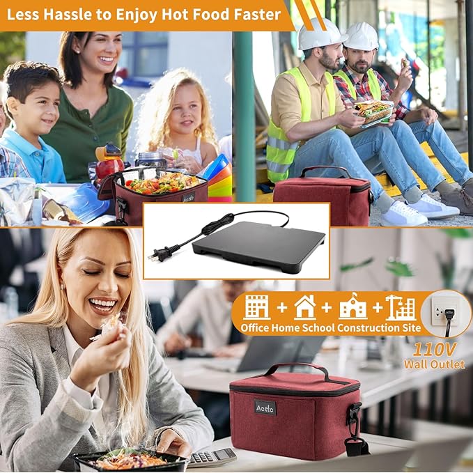 Aotto Portable Electric Lunch Box Food Heater - 110V Portable Oven and Food Warmer, Heated Lunch Box for Adults, Cook, Reheat, and Keep Meals Warm for Travel, Office, and Home - Red
