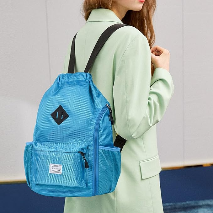 ALUSBELL Large Drawstring Backpack Bag, Sports Gym Bag String Sackpack with Shoes Compartment, Waterproof String Bag Cinch for Women Men(Lake Blue)