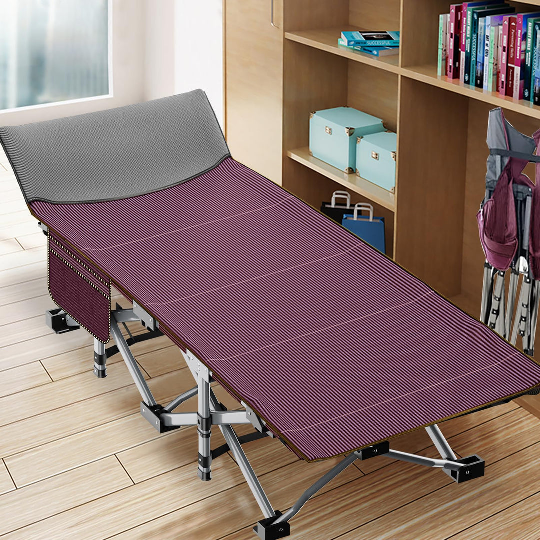 ABORON Folding Camping Cot W/Mat for Adults, Heavy Duty Outdoor Bed with Carry Bag,1200 D Layer Oxford Travel Camp Cots (1, Red Stripe with Blue Pad)