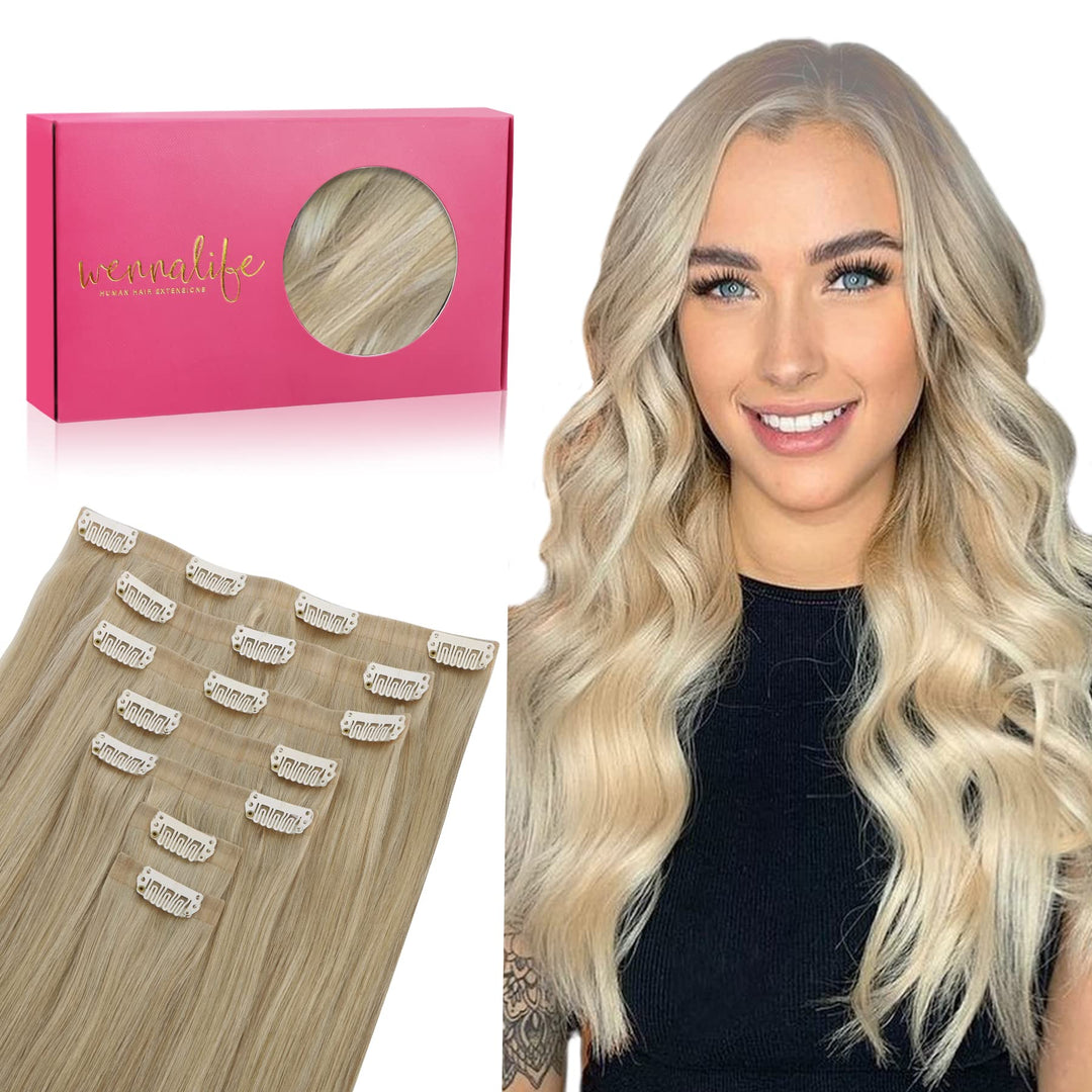 Wennalife Seamless Clip In Hair Extensions, 16 Inch 130G 7Pcs Ash Blonde To Golden Blonde And Platinum Blonde Hair Extensions Cl