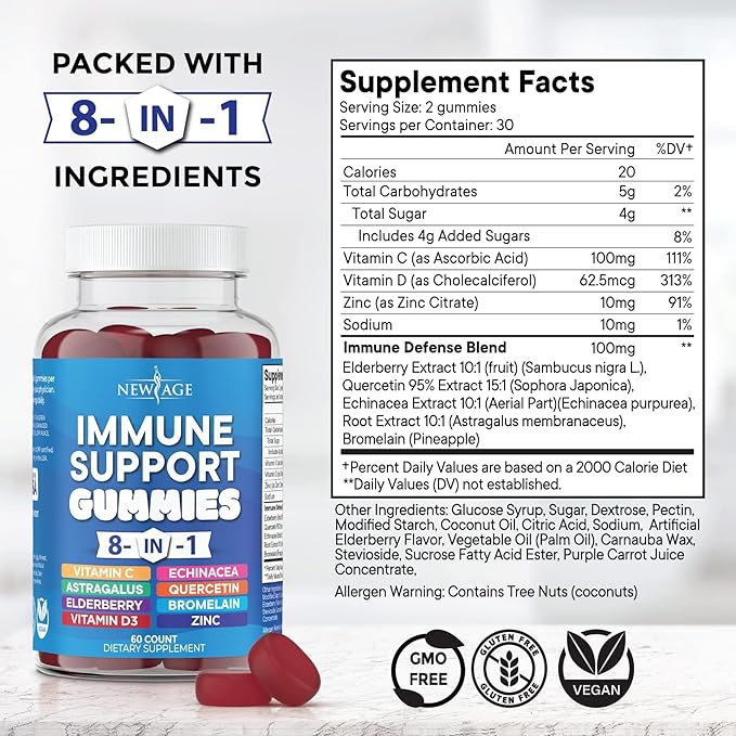 NEW AGE 8 in 1 Immune Support Booster Supplement with Elderberry, Vitamin C and Zinc 50mg, Vitamin D 5000 IU, Quercetin & Bromelain (8 in 1 Gummies (Pack of 1))