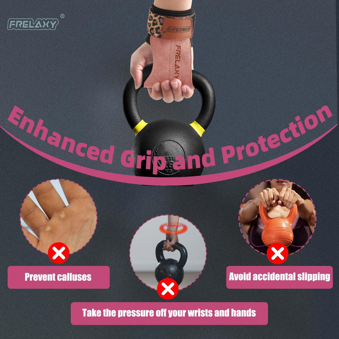 Frelaxy lifting Grips Women and Men, Weight lifting Wrist Straps with Cushion Wrist Loop, Double Layer Leather, and Storage Pouch, Gym Gloves for Deadlift and Powerlifting (Pink/Leopard)