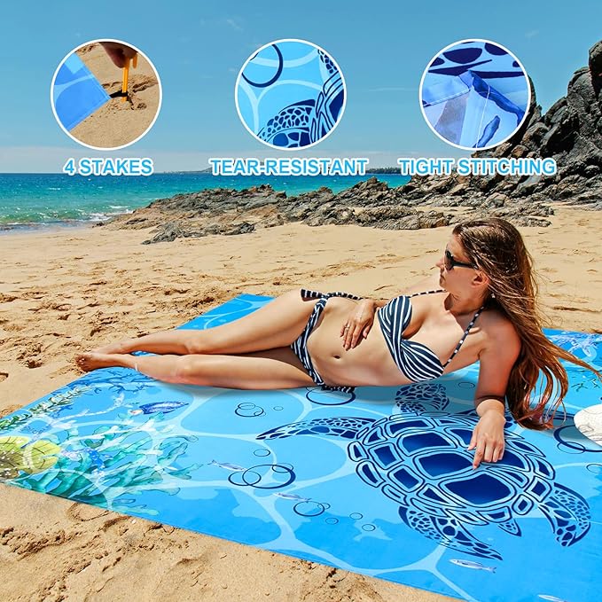 Beach Blanket, Sandproof Beach Mat 79" X 82" for 4-7 Adults, Large Waterproof Beach Blanket Quick Drying Lightweight Beach Blanket with 4 Stakes for Travel Camping Hiking (Sea Turtle)