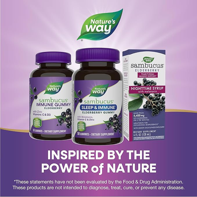 Nature’s Way Sambucus Sleep + Immune* Elderberry Gummies, Sleep and Immune Support*, With Melatonin, Vitamin C, L-Theanine, Zinc, 50 Gummies (Packaging May Vary)