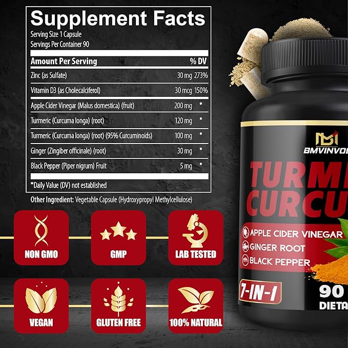 Turmeric Curcumin Supplement - 95% Curcuminoids with Ginger, Apple Cider Vinegar, Black Pepper - 90 Count - 3 Month Supply