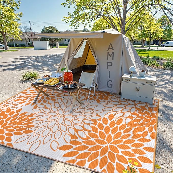 Anidaroel Outdoor Rugs 6x9ft for Patios Clearance Waterproof, Reversible Tropical Plastic Straw Camping Mat Outside Rug, Large Outdoor Area Rug for RV, Porch, Deck, Balcony, Picnic(Orange,6'x9')