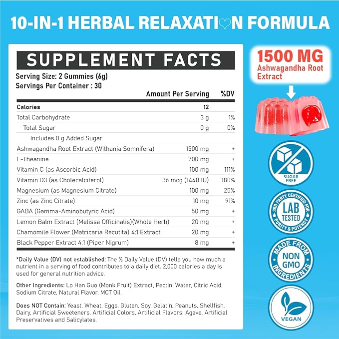 Ashwagandha Gummies 1500mg for Women & Men: Ashwagandha Supplement Gummy with Lemon Balm, Chamomile, Magnesium, Black Pepper for Ultra Absorption - Vegan, Non-GMO & Sugar Free, Strawberry Flavor