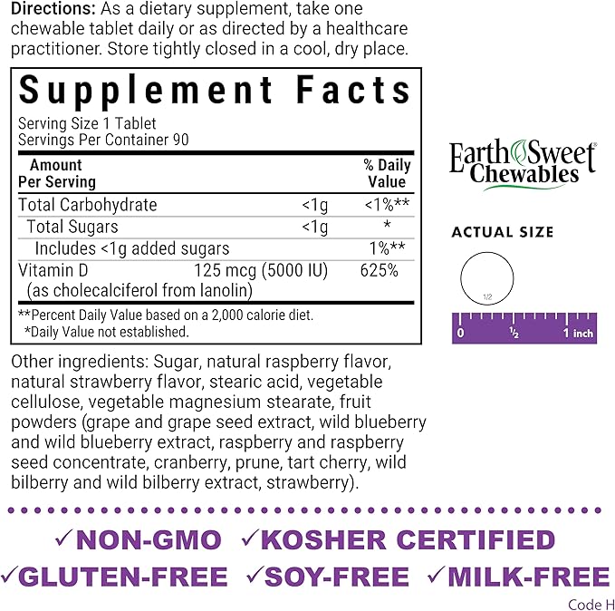 Bluebonnet Nutrition Earth Sweet Vitamin D3 5000 IU Chewable Tablets, Aids in Muscle & Skeletal Growth, Non GMO, Gluten & Soy & Milk Free, Kosher, Raspberry, White, 90 Count