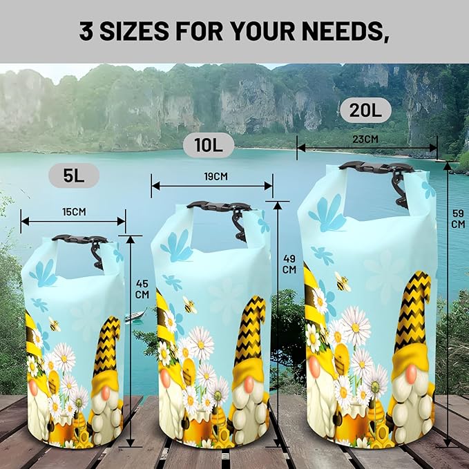 Waterproof Dry Bag,Roll Top Gnome Summer Bees Waterproof Backpack 5L/10L/20L Floating and Lightweight Bags for Kayaking, Boating, Fishing, Swimming and Camping
