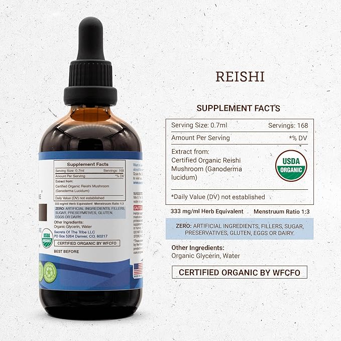 Secrets of the Tribe Reishi USDA Organic | Alcohol-Free Extract, High-Potency Herbal Drops | Made from 100% Certified Organic Reishi Mushroom (Ganoderma Lucidum) (4 oz)