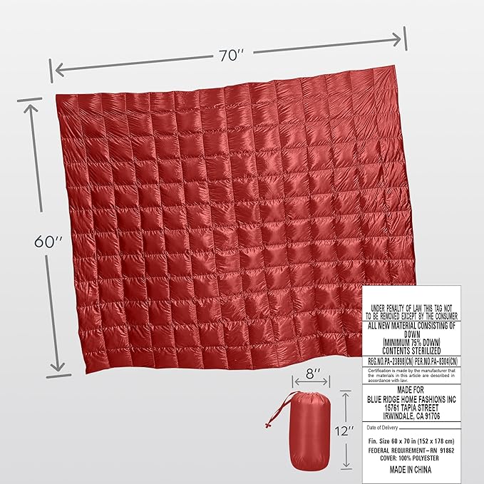 Blue Ridge Home Fashions Down Throw Camping Blanket - Packable Lightweight Down Throw Blanket for Outdoor Travel Hiking Picnic RV, Puffy Warm Blanket 60" x 70" with Carry Bag, 650 Fill Power