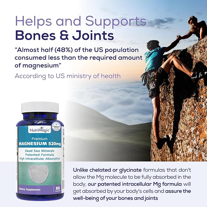 520mg Active Elemental Magnesium from The Dead Sea (from Oxide), Patented High Absorption, Pure Mineral Complex for Muscle, Bone, Brain Health Support, 1 Capsule Per Day, 60 Vegan Capsules