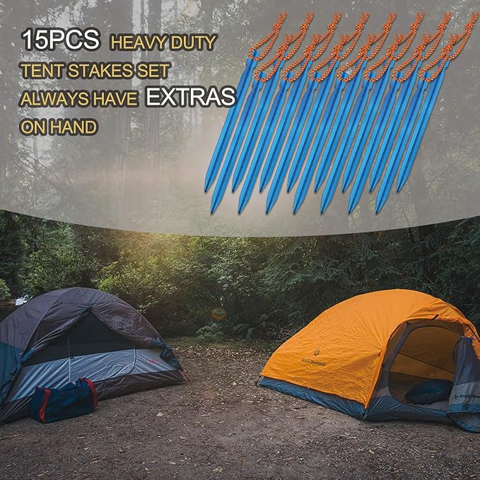 15Pack Tent Stakes, Lightweight Tent Stakes with Pull Rope, 7075 Aluminum Metal Stakes Tent Pegs for Backpacking, Durable Camping Tent Accessories, Blue
