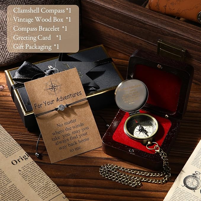 Compass Gift Set Engraved Compass with Chain Souvenir Present Bracelet with Greeting Card Walnut Wooden Box Gift Box for Women Men Friends Party Souvenir Favors
