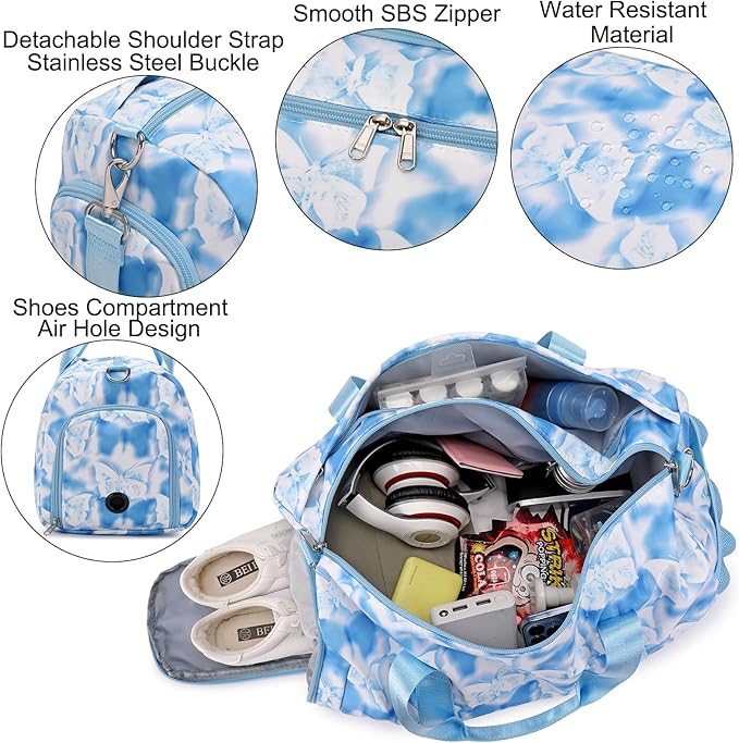 Butterfly Dance Duffel for Girls - Gymnastics & Overnight Bag with Shoe Compartments