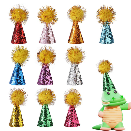 10pcs Mini Party Hats for Stuffed Animals, Colorful Dog Cat Small Birthday Hat Tiny Cone Hats with Glitter Pom Poms for Toy Figures Dinosaurs Crafts Kids Party Decorations Costume Accessories