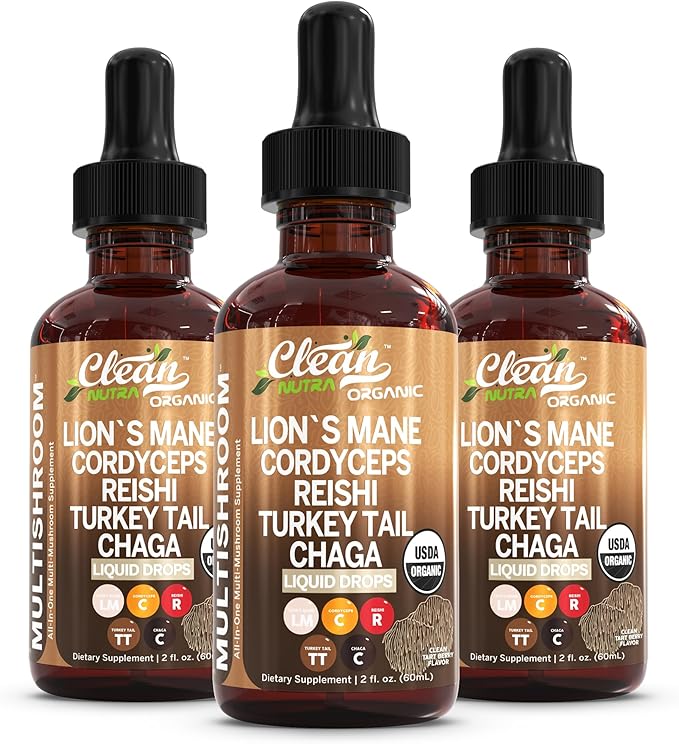 Mushroom Supplement Liquid Drops with Lions Mane Turkey Tail Cordyceps Reishi Chaga Shitake Maitake Tremella Oyster Mushrooms Poria Supplement and Enokitake Mushrooms Complex Blend by Clean Nutra