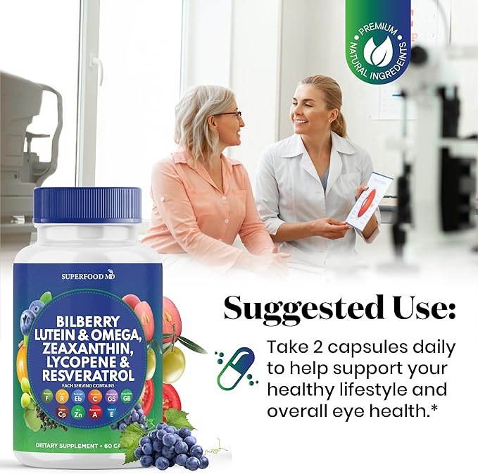 Superfood MD Eye Health Vitamins with Bilberry Lutein & Zeaxanthin Lycopene Resveratrol Grape Seed Extract Astaxanthin - AREDS 2 - Eye Vitamin - 180 Capsules