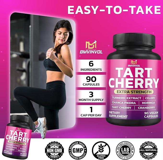 BMVINVOL Tart Cherry 20:1 Extract - Plus Moringa, Chanca Piedra, Celery, Cranberry Extract and More - 90 Capsules - 3 Month Supply