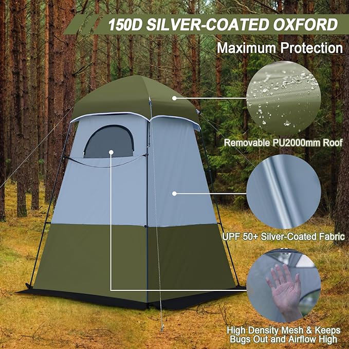 Camping Shower Tent, Oversize Pop Up Changing Tent, Portable Outdoor Bathroom Toilet Tent with Floor, Easy Set Up Privacy Shelter for Dressing, Hiking, Fishing, UPF50+