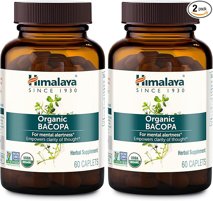 Himalaya Organic Bacopa Monnieri Nootropic Herbal Supplement, Mental Alertness, Supports Calm, Memory, Cognition, USDA Organic, Non-GMO, 750 mg, 60 Plant-Based Caplets, 2 Pack, 120 Day Supply