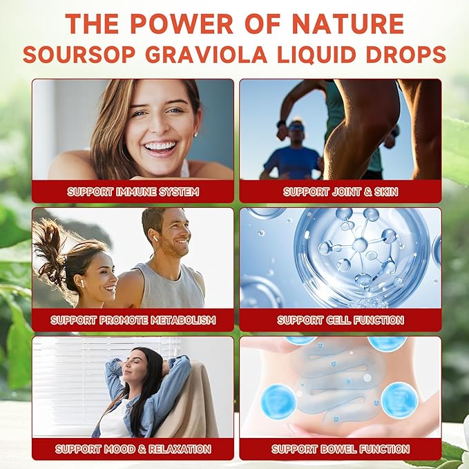 Soursop Graviola Liquid Drops for Cell Support & Regeneration, Immune Boost, Relax, Liver and Sleep, Soursop Bitters Liquid, Sugar/Gluten Free, Natural Strawberries Flavor - 2 Fl Oz (60ml) Bottle