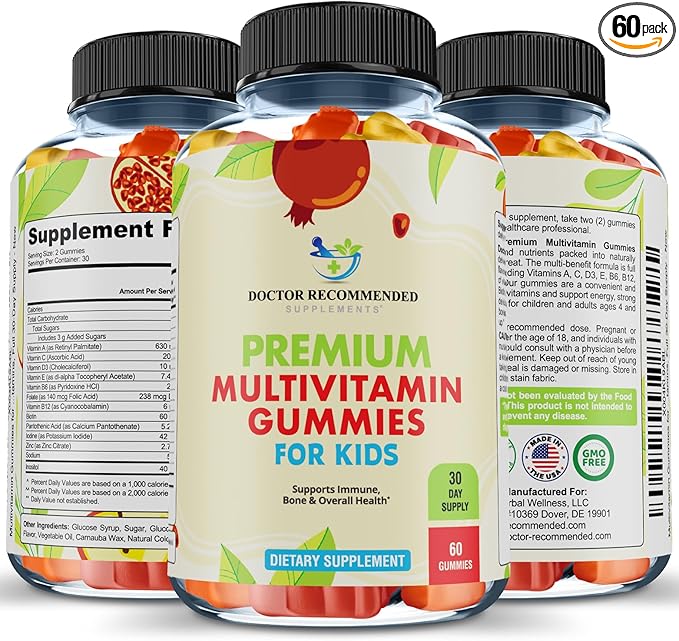Premium Multivitamin Gummies for Toddlers & Kids - Chewable Essential Daily Vitamins A, C, D3, E, B6, B12, Biotin - No High-Fructose-Corn-Syrup or Artificial Sweeteners - 60 Gummies, 30-Day Supply
