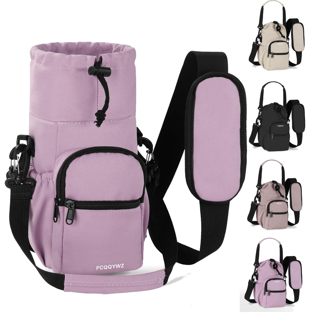 FCQQYWZ Water Bottle Carrier with Strap,64oz 87oz Sports Insulated Crossbody Water Bottle Bag with Adjustable Hand Shoulder Strap and 4 Pockets for Men Women Hiking Camping Travelling (Purple)