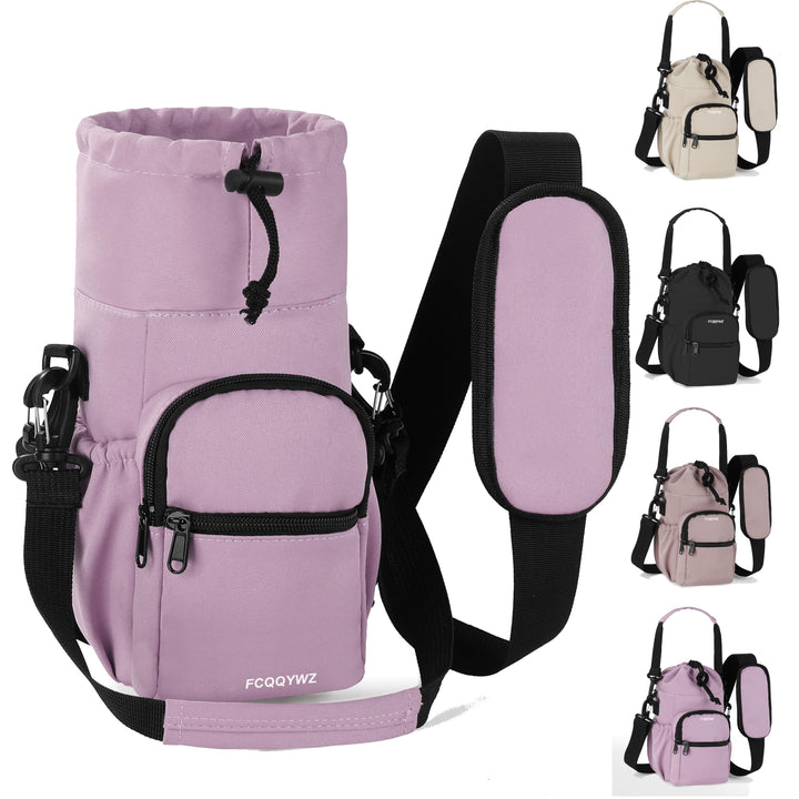 FCQQYWZ Water Bottle Carrier with Strap,64oz 87oz Sports Insulated Crossbody Water Bottle Bag with Adjustable Hand Shoulder Strap and 4 Pockets for Men Women Hiking Camping Travelling (Purple)
