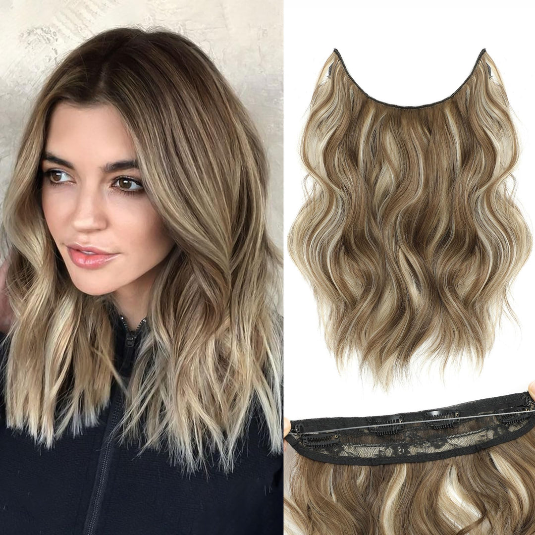 BUPPLER Halo Hair Extensions 12 Inch Invisible Wire Hair Extensions Adjustable Long Wavy Hairpiece Synthetic Upgrade 4 Secure Clips in Hairpieces 12 Inch,Medium Brown Mix Medium Blonde