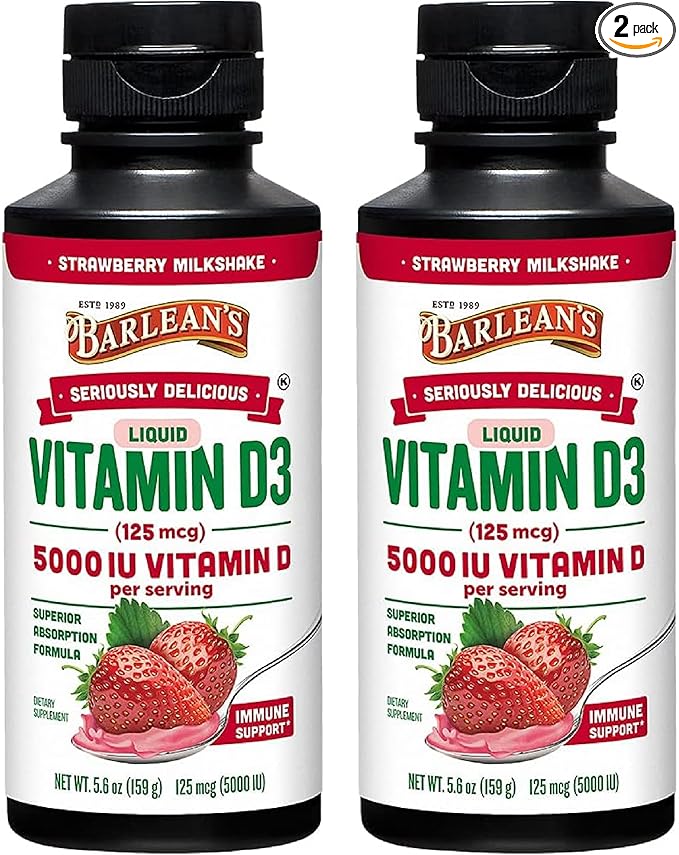 Barlean's Pack of 2 Liquid Vitamin D Supplement for Kids and Adults with 5000 IU D3, Strawberry Milkshake Flavored Sugar Free Vitamins for Children, 5.6 oz Each
