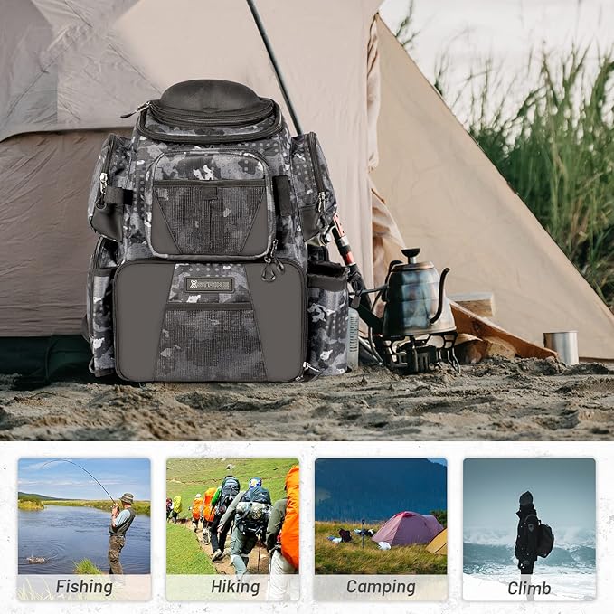 48L Large Fishing Tackle Backpack With Rod Holders, 4 Tackle Box, Protective Rain Cover - Water Resistant Storage Bag for Camping, Hiking, Hunting