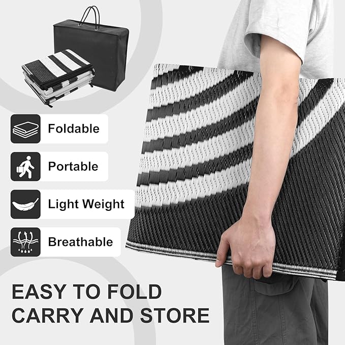 Anidaroel Outdoor Area Rugs 9x12ft Waterproof Clearance, Reversible Camping Rugs for Outside RV, Outdoor Plastic Straw Patio Rugs for Camping, Trailer, Backyard, Pool Deck, Picnic(Black&White, 9‘x12')