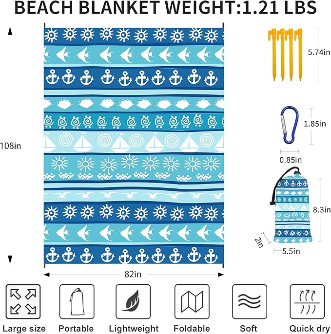 Large Beach Blanket Waterproof Sandproof 108"x 82" for 1-6 Adults,Quick Drying Beach Mat,Lightweight & Durable,Beach Essentials for Family Beach Camping Travel Picnic