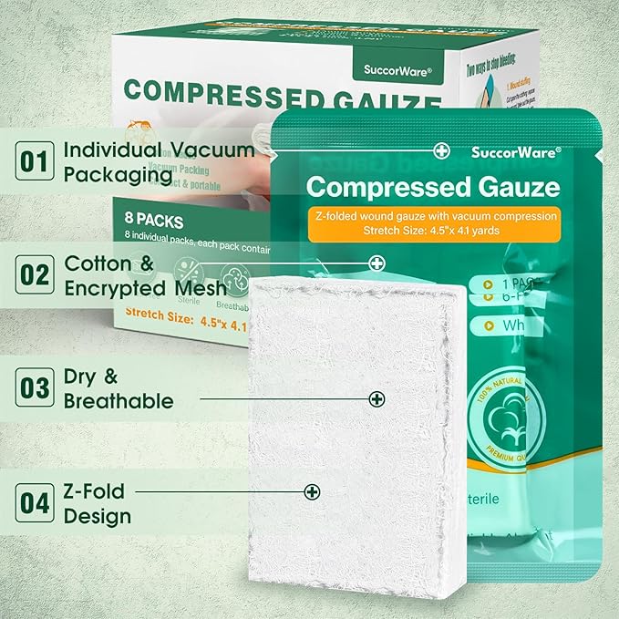 8 Packs Sterile Compressed Gauze with Z-Folded - Wound Gauze for Bleed Stop, 4.5" x 4.1 Yards, 6-Ply - for First Aid Kit,Medical Trauma Kit, IFAK Supplies Refill