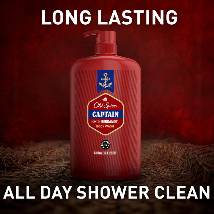 Old Spice Refreshing Body Wash for Men, 3X Defense, 24/7 Shower Fresh with Long Lasting Scent, Red Collection, Captain with Bergamot Scent, 33.4 oz