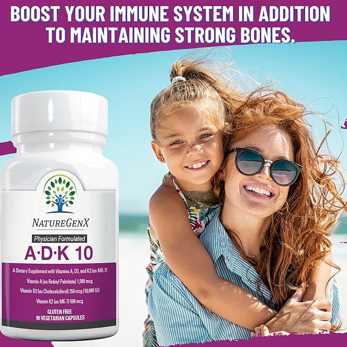 ADK 10 Supplement - Potent A, K2 & D3 Vitamin Supplement 10000 IU for Bone, Heart & Immune Support - 90 Count Easy-to-Swallow Vitamin ADK Supplement Capsules (3 Month Supply)