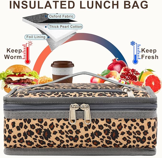 FlowFly Small Insulated Lunch box Portable Soft Bag Mini Cooler Thermal Meal Tote Kit with Handle for Work & School, Leopard
