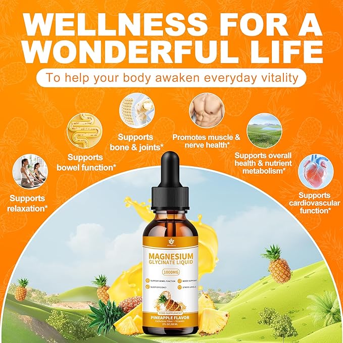 Magnesium Glycinate Liquid Drops. High Absorption Magnesium Liquid Supplement, with Cellulose Fiber, Vitamin B6, C, D, Zinc,for Sleep, Nerve, Energy, Muscle, Bone, Calm & Digestion, 2 Fl oz