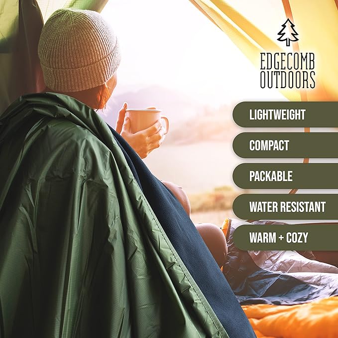 Large Waterproof Outdoor Camping Blanket by Edgecomb, Lightweight Picnic Blanket for Cold Weather, Stadium, Camp, Insulated Windproof, Ripstop Nylon with Waterproof Storage Bag, Micro Fleece (Green)