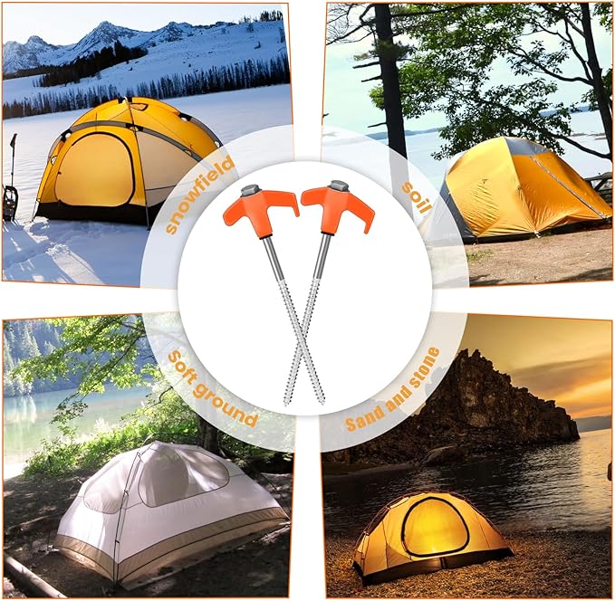8" Screw in Tent Stakes 12PCS - Ground Anchors Screw - Screw in Tent Stakes Heavy Duty- Tent Pegs Camping Stakes- Hex Pegs Drillable Tent Stakes and Hexagon Head Drive and Storage Box (Orange)