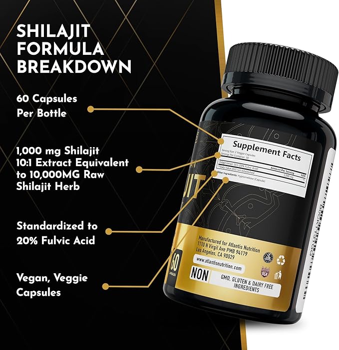 Atlantis Nutrition Himalayan Shilajit Capsules Formulated with 20% Fulvic Acid | 10:1 Extract Providing 10,000mg D.H.E. | USA Made | Himalayan Shilajit Supplement for Men & Women | 120 Capsules