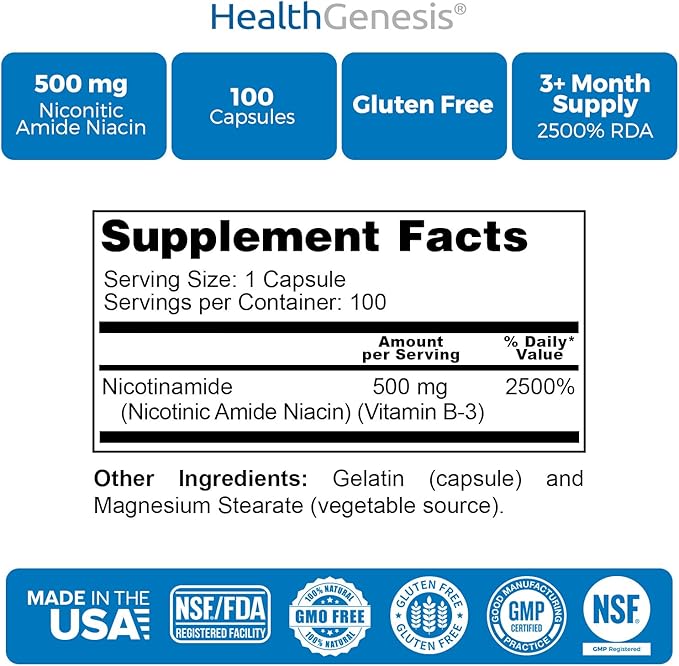 B-3 Nicotinamide 500 mg 100 Caps - Nicotinic Amide Niacin Natural Flush-Free Vitamin Formula - Supports Skin Cell Health