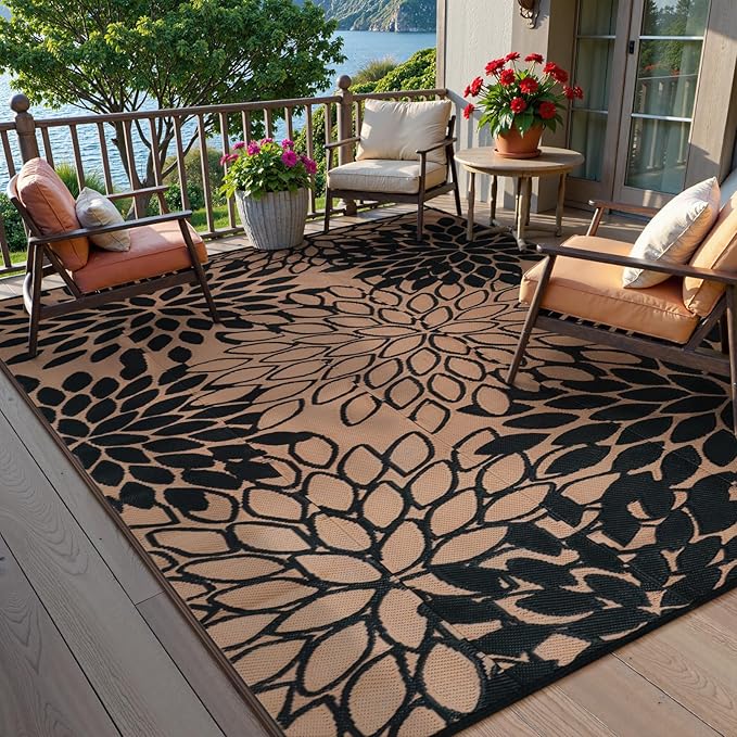 Anidaroel 8x10 Flower Outdoor Rug for Patios Clearance, Waterproof Camping Rug for Outside RV, Reversible Plastic Straw Outside Area Rugs for Garden, Camper, Picnic, Beach(Black/Brown,8'x10')
