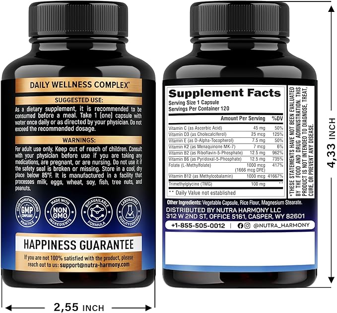Methylated Multivitamin - B-Complex with Methylfolate & B12 - for Men & Women - 9-in-1 MTHFR Supplement with TMG - for Energy, Brain & Mood - Vegan, Lab Tested - Made in USA - 120 Capsules, One/Day