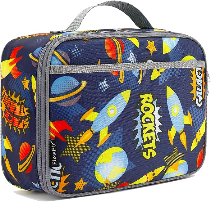 FlowFly Kids Lunch box Insulated Soft Bag Mini Cooler Back to School Thermal Meal Tote Kit for Girls, Boys, Outer Space Rocket Ships in Dark Navy Blue