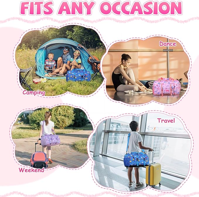 Kids Overnight Duffel Bags,Kasqo Girls Dance Bag Water Resistant Sports Gym Ballet Bag for Teens Sleepover Travel Bag Weekender Carry On Tote with Shoes Compartment Dry Wet Pocket,Pink Dinosaur