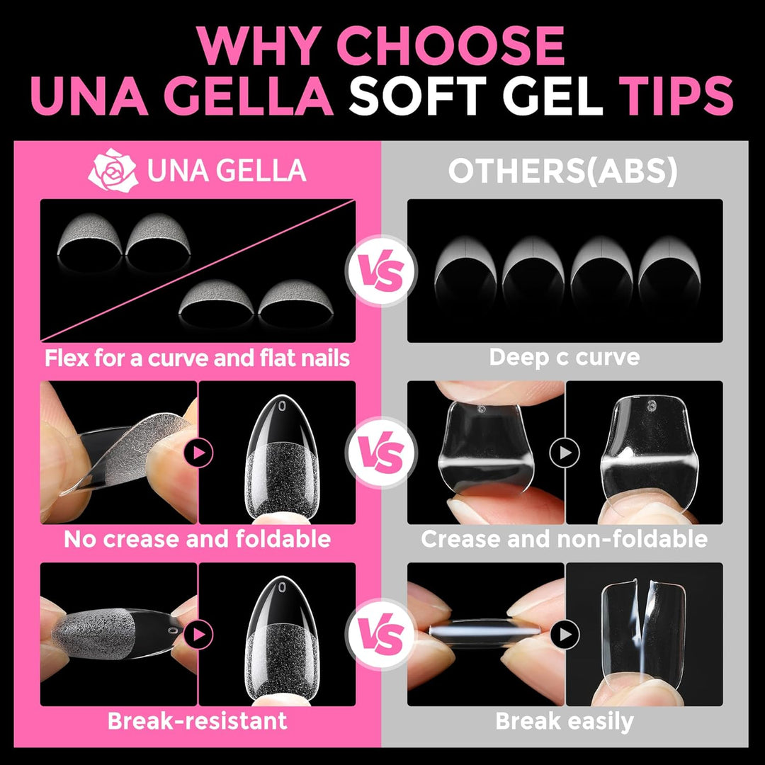 UNA GELLA 216 Pcs Square Toe Nail Tips | Soft Gel Full Cover Press-Ons