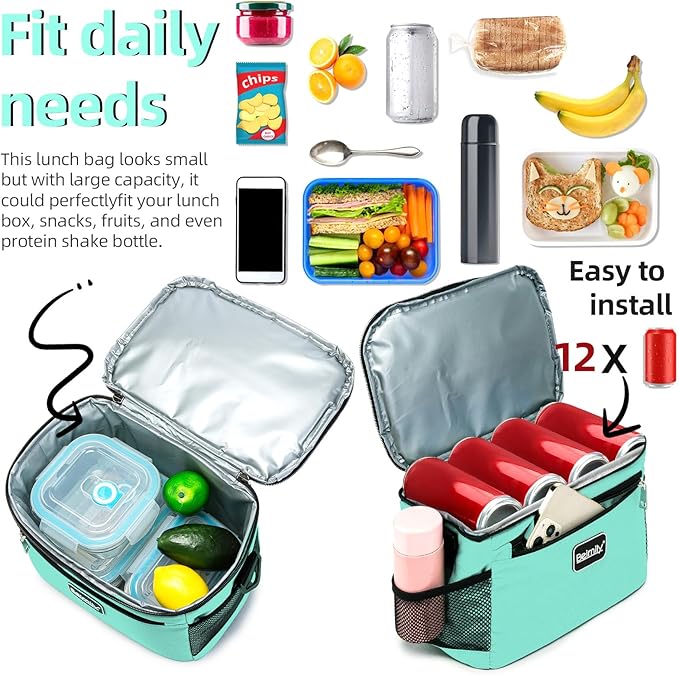 BEIMILY Lunch Box for Men/Women,Small Insulated Lunch Bag,Reusable LunchBox for work Picnic Beach,Leakproof Soft Cooler Tote Bag Organizer with Adjustable Shoulder Strap for Adults(Light Blue Green)